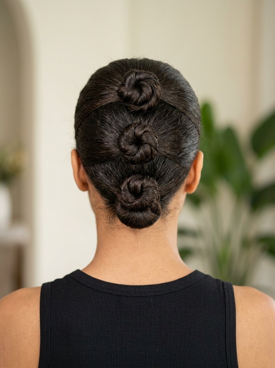 Back view of a person with dark hair featuring three small, neat buns lined up vertically down the center of the head.