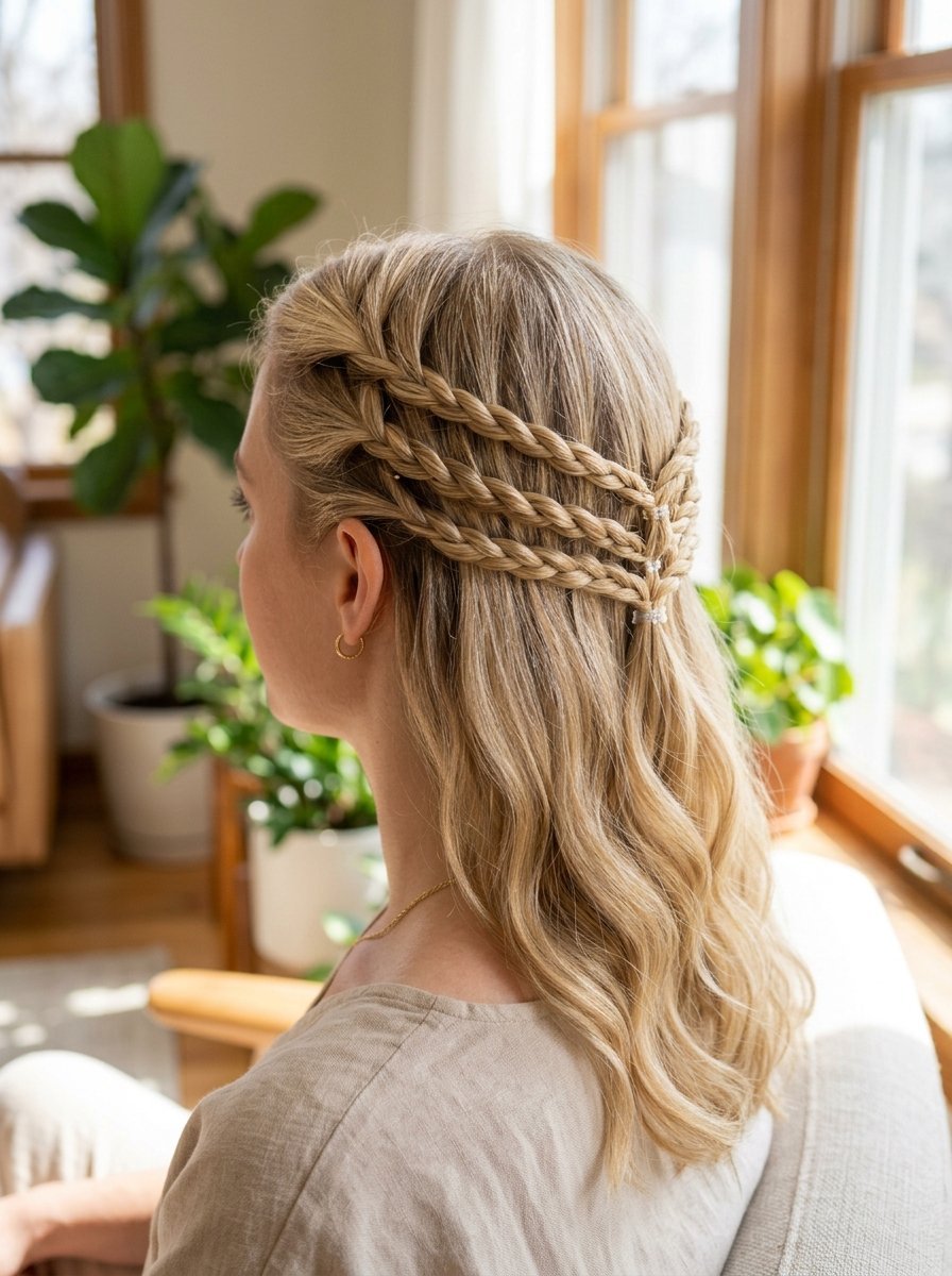 Blonde woman seen from behind with three parallel braided twists secured in the center of her head.