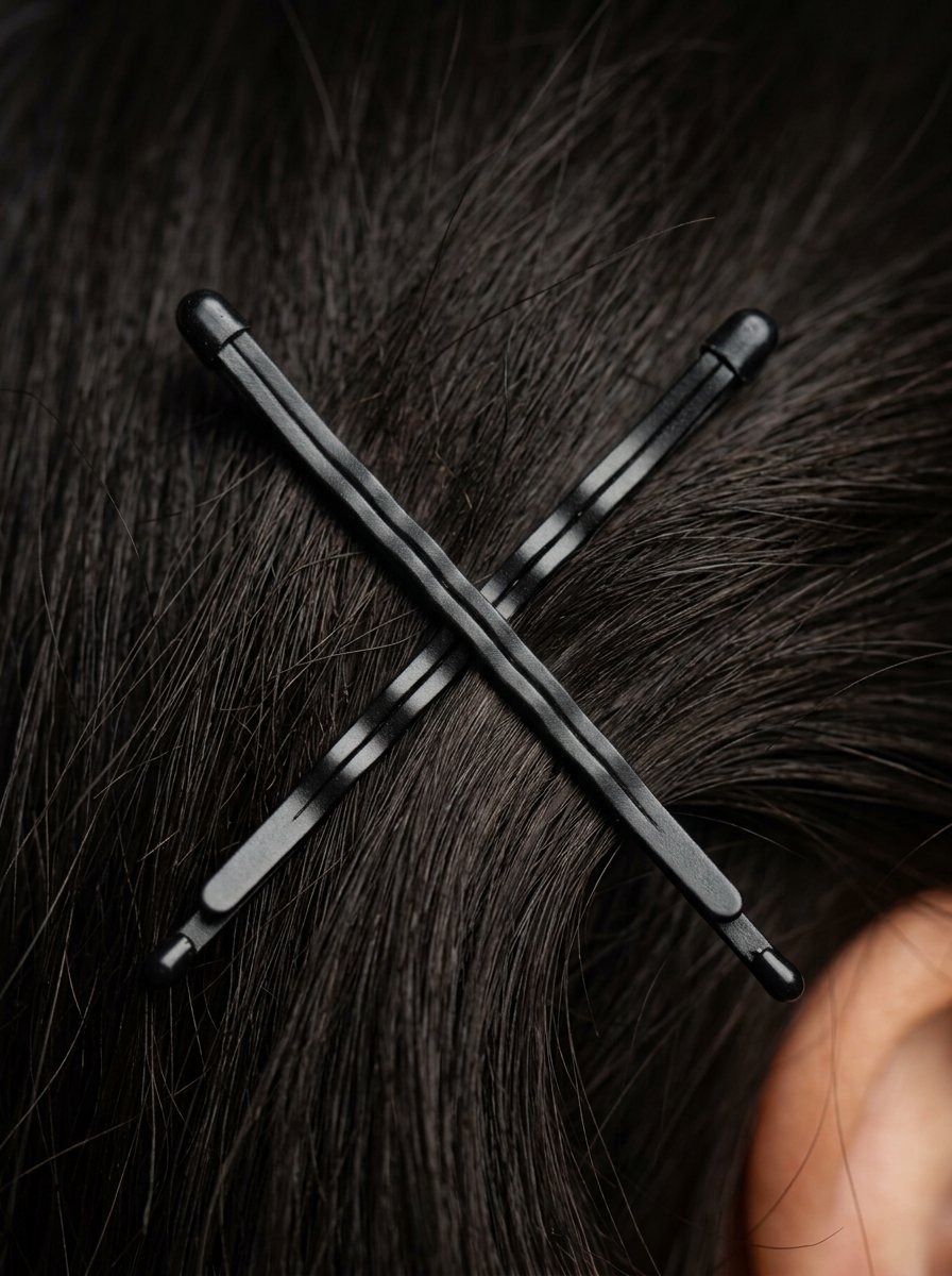 A pair of matte black bobby pins positioned in an X shape on dark hair.