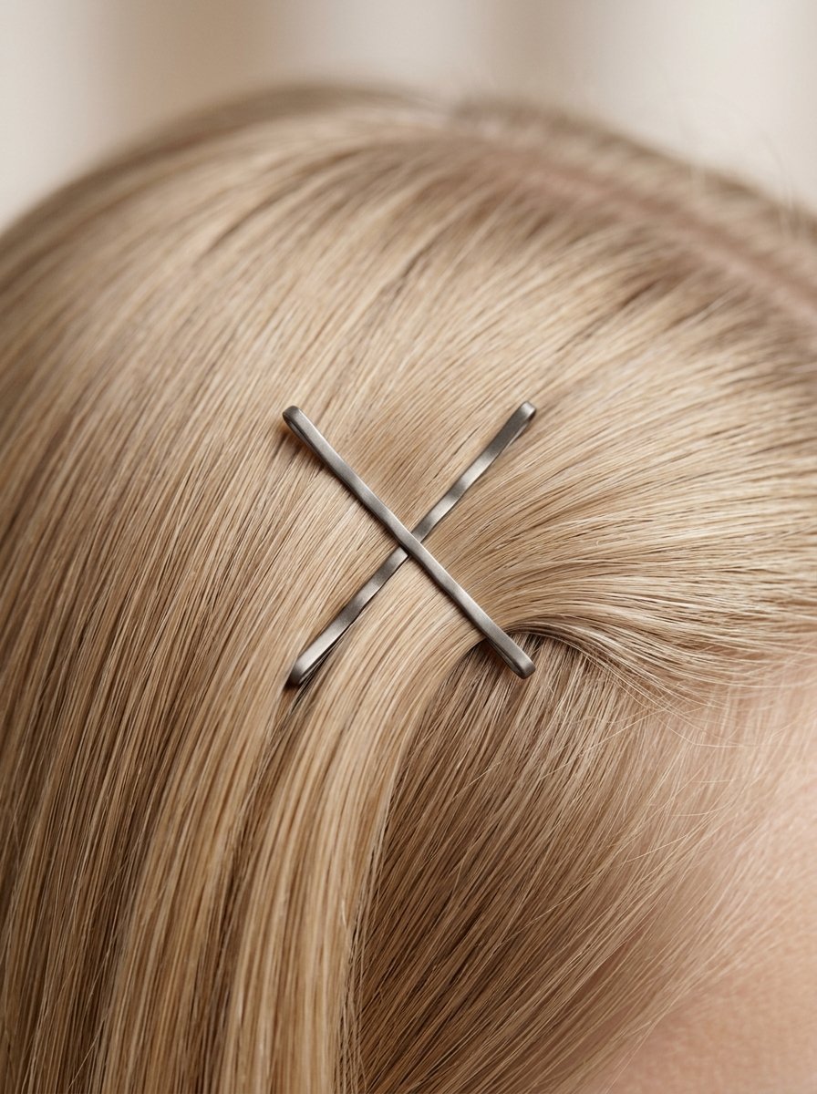 Close up of two metal bobby pins forming an X shape pinned into smooth blonde hair.