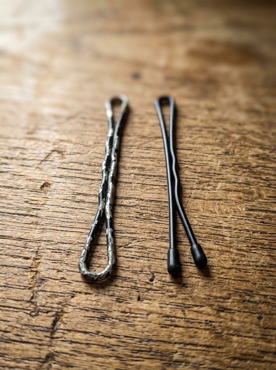 Close up of an old, chipped hair pin next to a pristine black metal hair pin on a wooden surface.