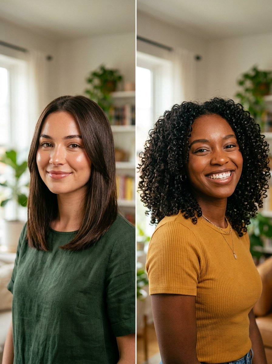 Portrait of a woman with straight brown hair and a woman with curly black hair standing in a bright home office.