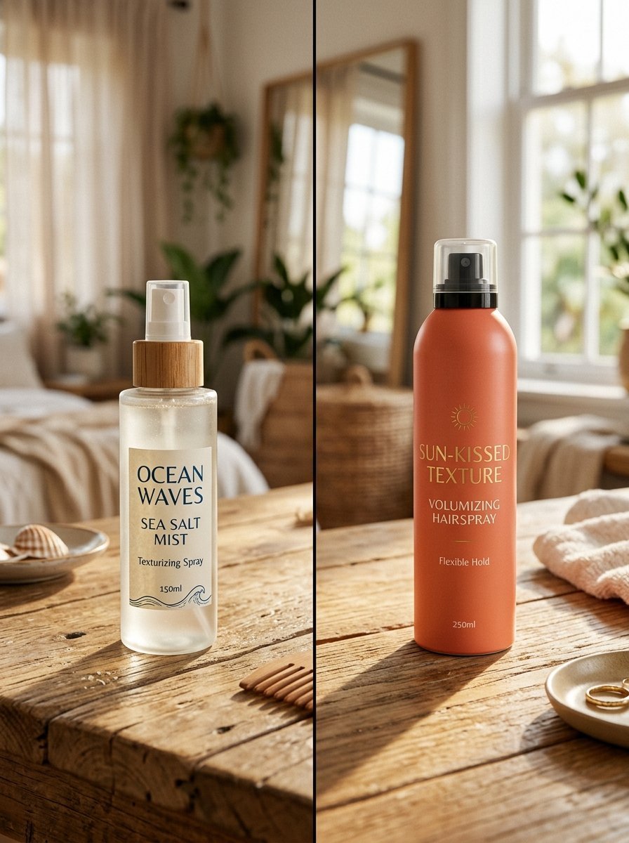Split view of sea salt texturizing spray and orange volumizing hairspray bottles on a rustic wood surface.