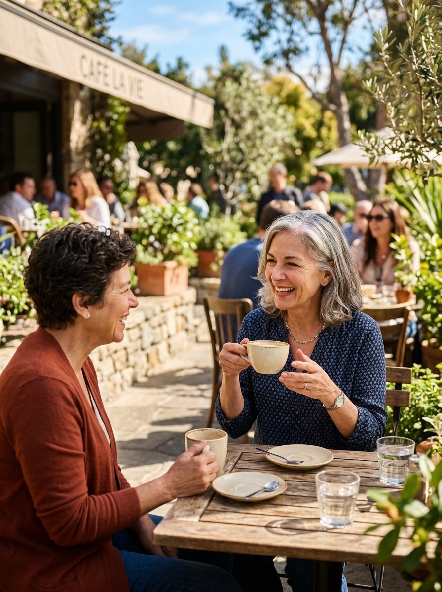 Smiling mature women drinking lattes at a wooden table in a busy outdoor cafe setting.