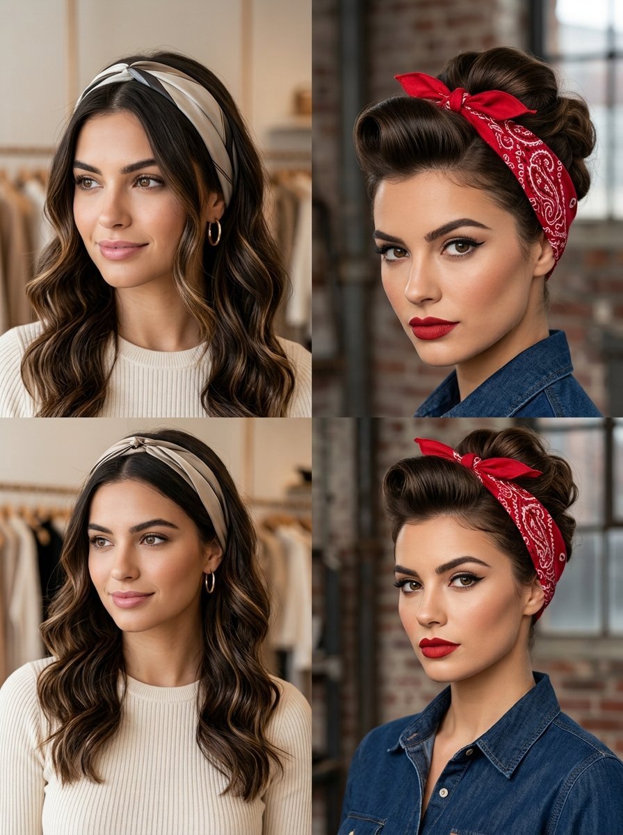 Comparison of two hairstyles, one featuring a silk headband and the other a red paisley bandana with pin-up style hair.