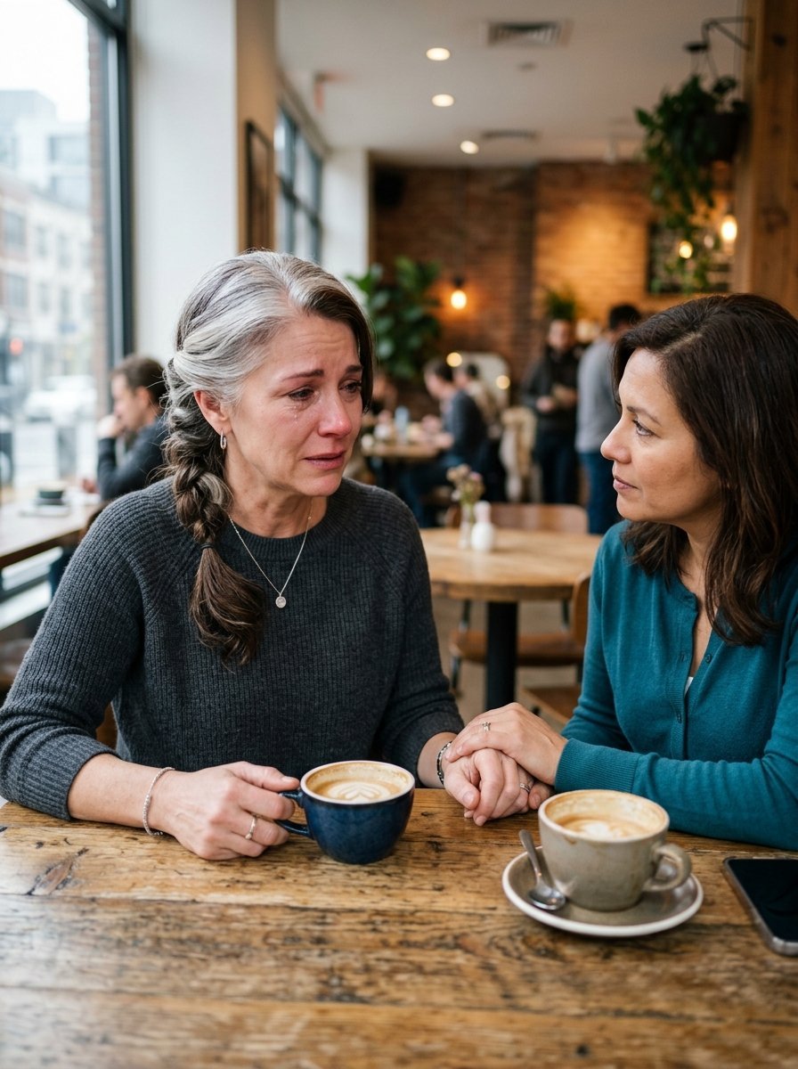 One woman with grey hair crying while a friend holds her hand at a wooden table in a cafe.