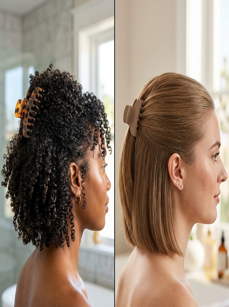 Split screen image showing two women with half-up hairstyles secured by plastic claw hair clips.