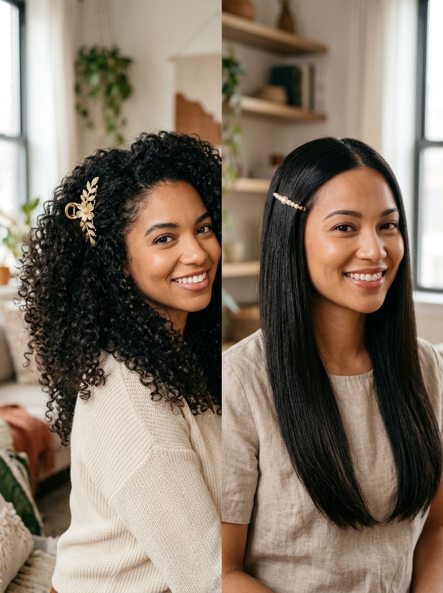 Portrait of two women wearing different hair accessories, one with a gold flower clip and one with a pearl barrette.