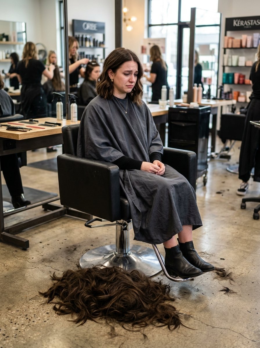 A crying woman wearing a salon cape sitting in a chair with a large pile of cut hair on the floor beneath her.
