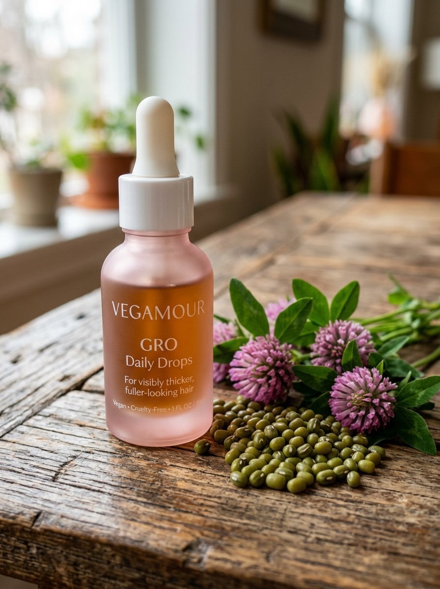 A bottle of Vegamour GRO daily hair drops resting on a rustic wooden table next to green lentils and purple clover.