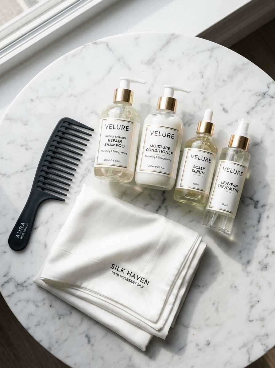Four bottles of Velure hair care products, a black wide-tooth comb, and a folded silk pillowcase on marble.