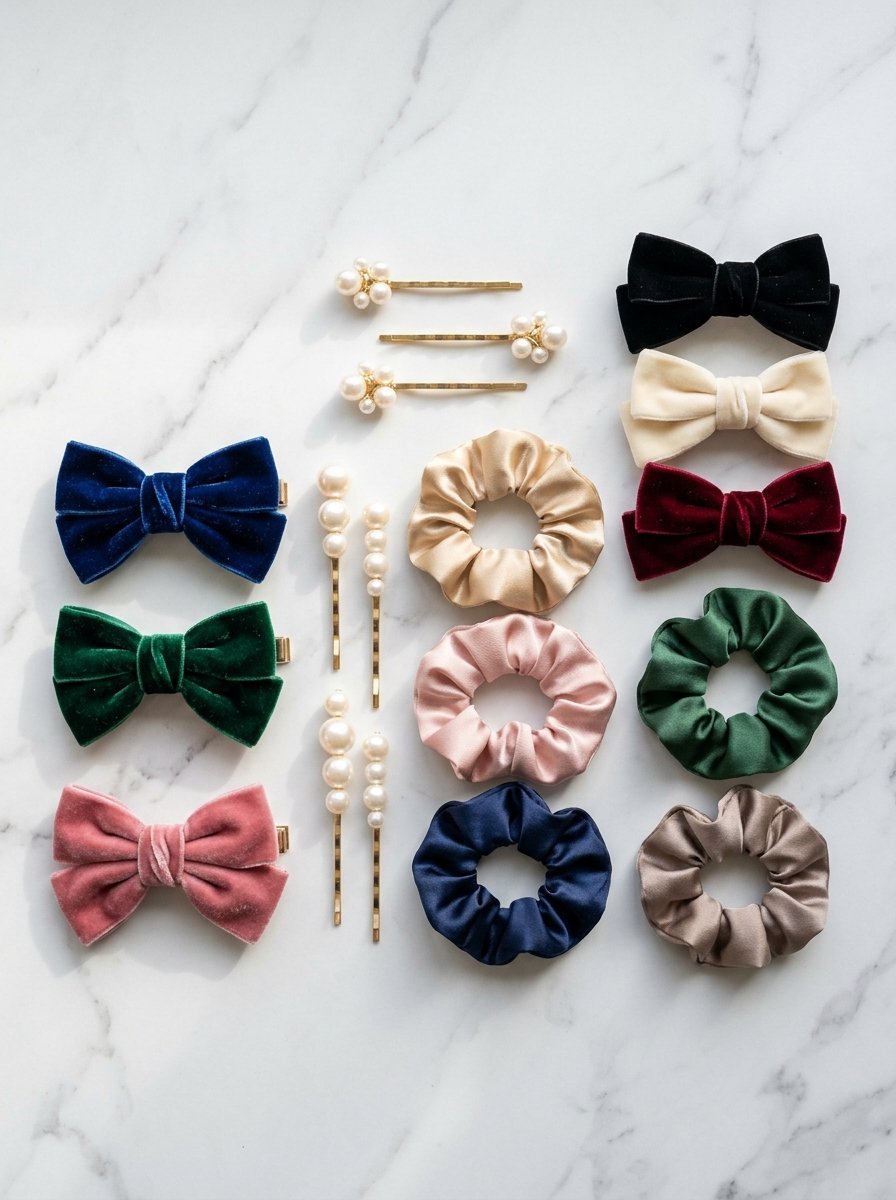 Top-down view of velvet bow clips, pearl bobby pins, and fabric scrunchies arranged on a marble surface.