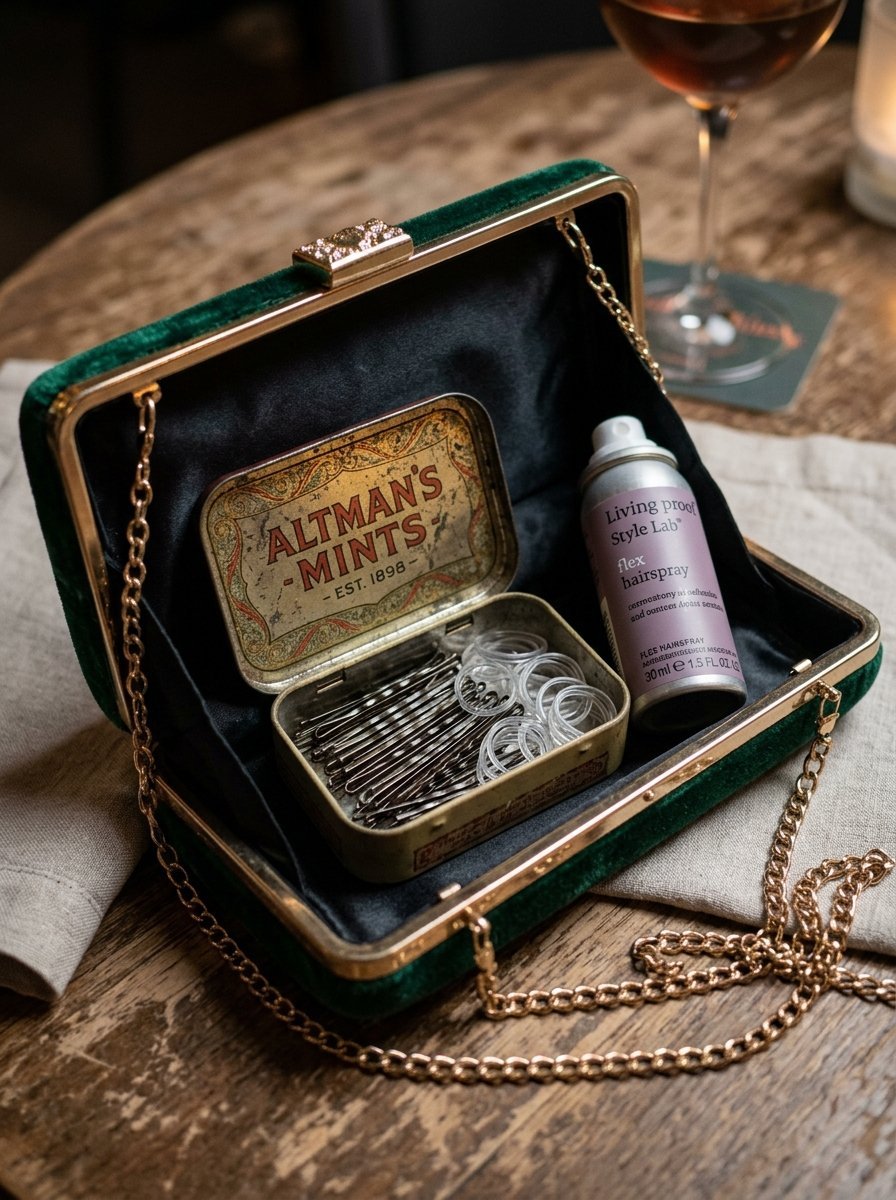 A vintage mint tin holding hair pins and bands next to a mini hairspray inside a green velvet handbag.