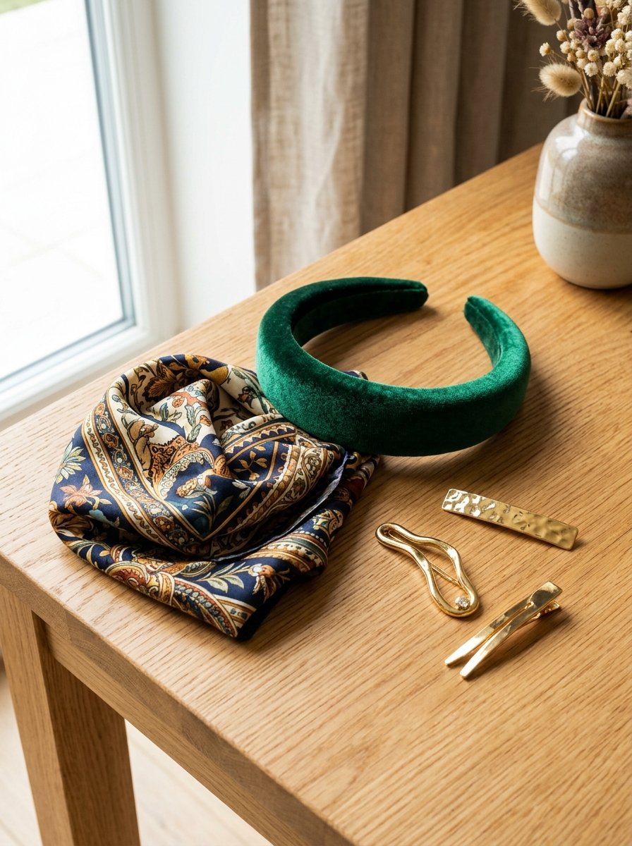 Dark green velvet headband, a folded patterned neck scarf, and three gold hair clips on a wooden table.