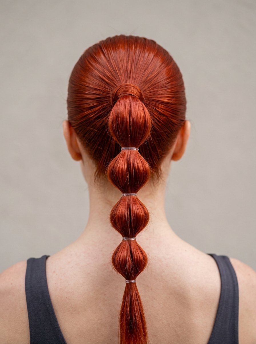 Back view of a person with straight, copper-red hair tied into a segmented ponytail with clear elastic bands.