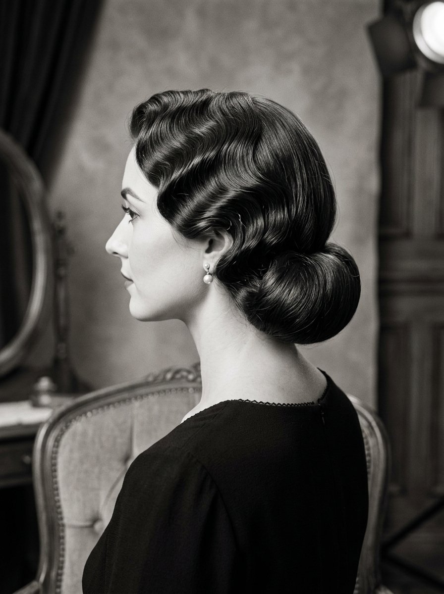 A woman in black wearing an elegant 1920s-style hairstyle with deep waves and a low bun, viewed from the side.