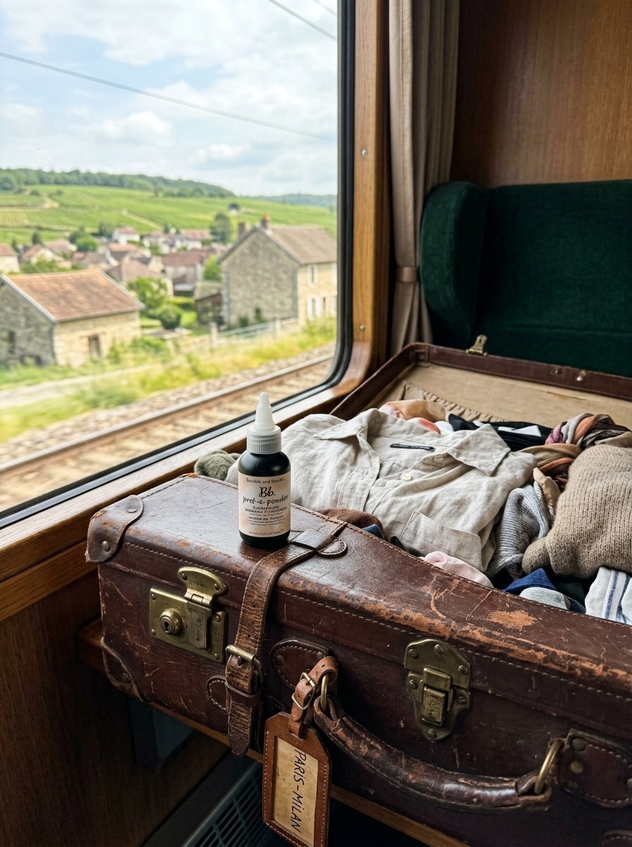 An open brown vintage travel bag filled with folded clothes and a bottle of hair powder sitting on a train window sill.