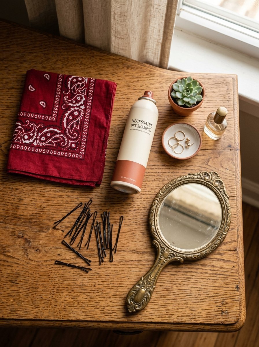A dry shampoo bottle, scattered bobby pins, a red bandana, and a vintage hand mirror on a wooden table.