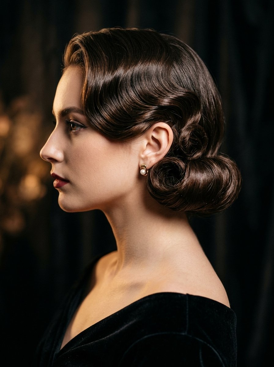 Close-up profile of a woman wearing a sophisticated 1920s-style hairstyle with pearls against a dark background.