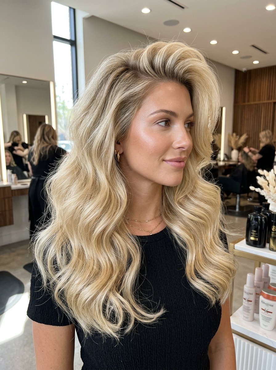 Portrait of a blonde woman with long wavy hair and a deep side part inside a hair salon.