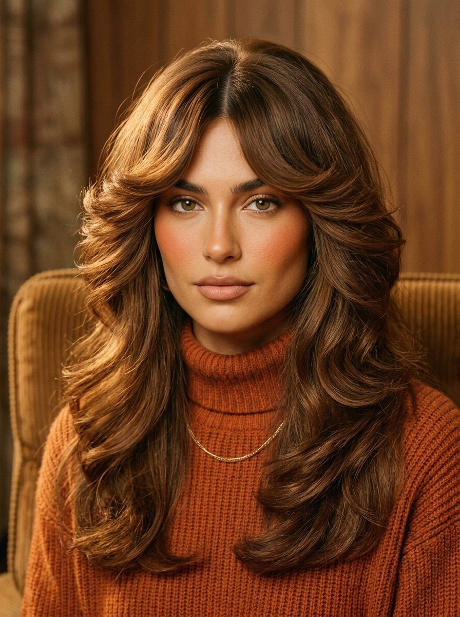 Portrait of a woman wearing an orange sweater with voluminous, center-parted layered hair.