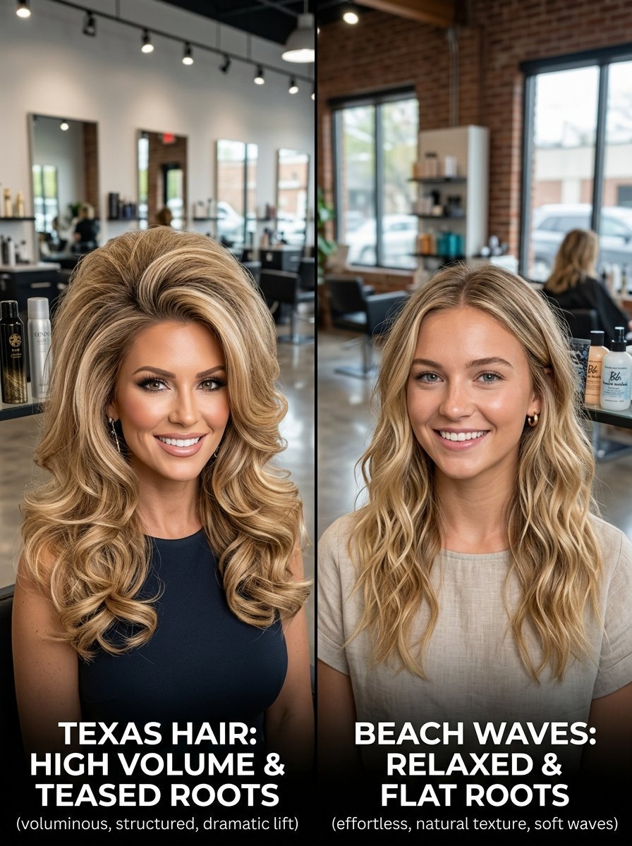 Split screen showing a woman with big teased hair next to a woman with loose natural blonde waves in a salon.