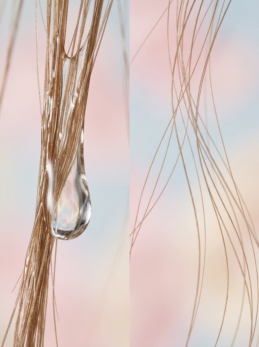 Close-up of a clear water drop clinging to a cluster of silky blonde hair strands against a pastel background.