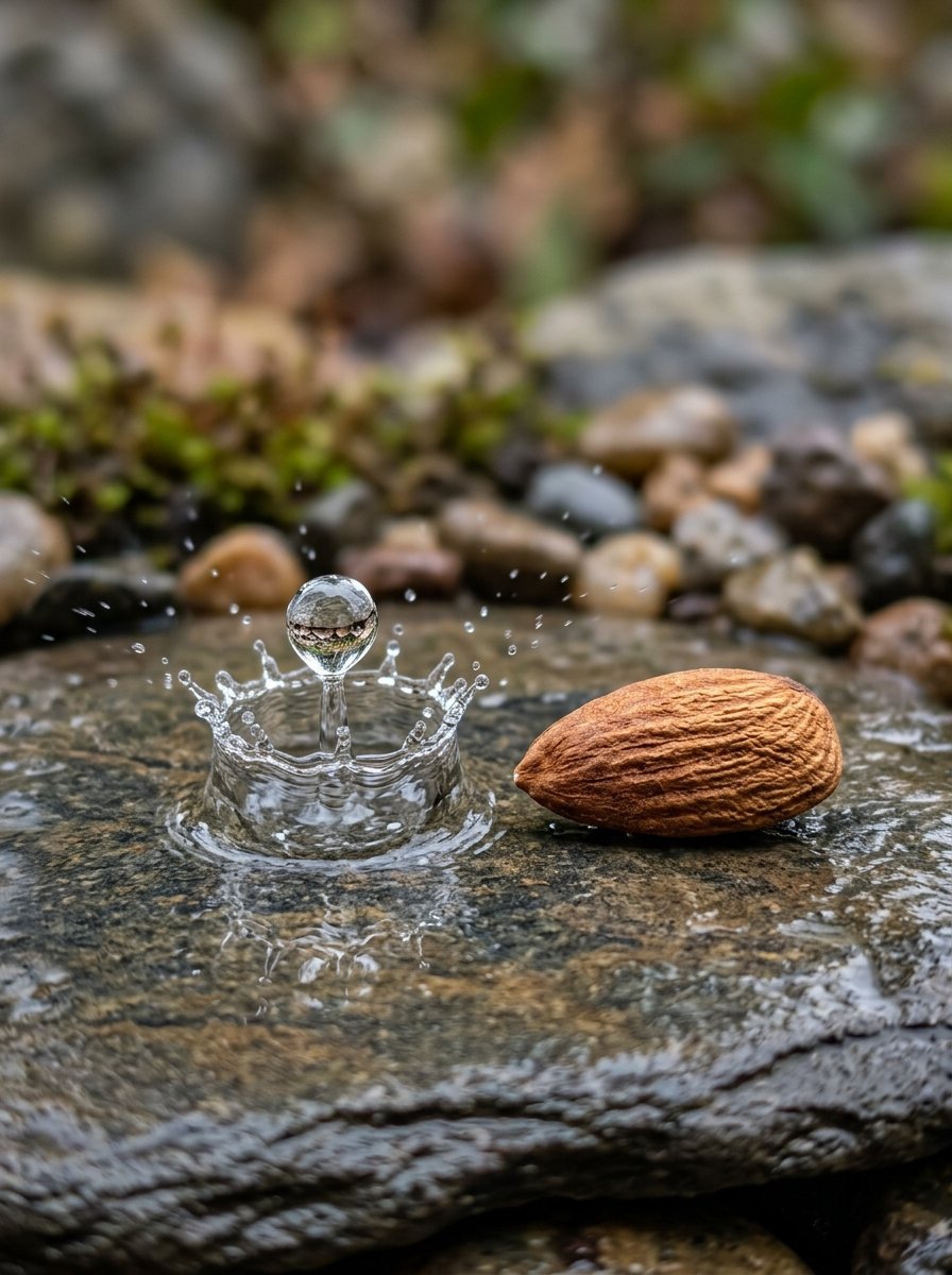 Close-up of a spherical water droplet splash crown on a wet stone beside a single whole brown almond.