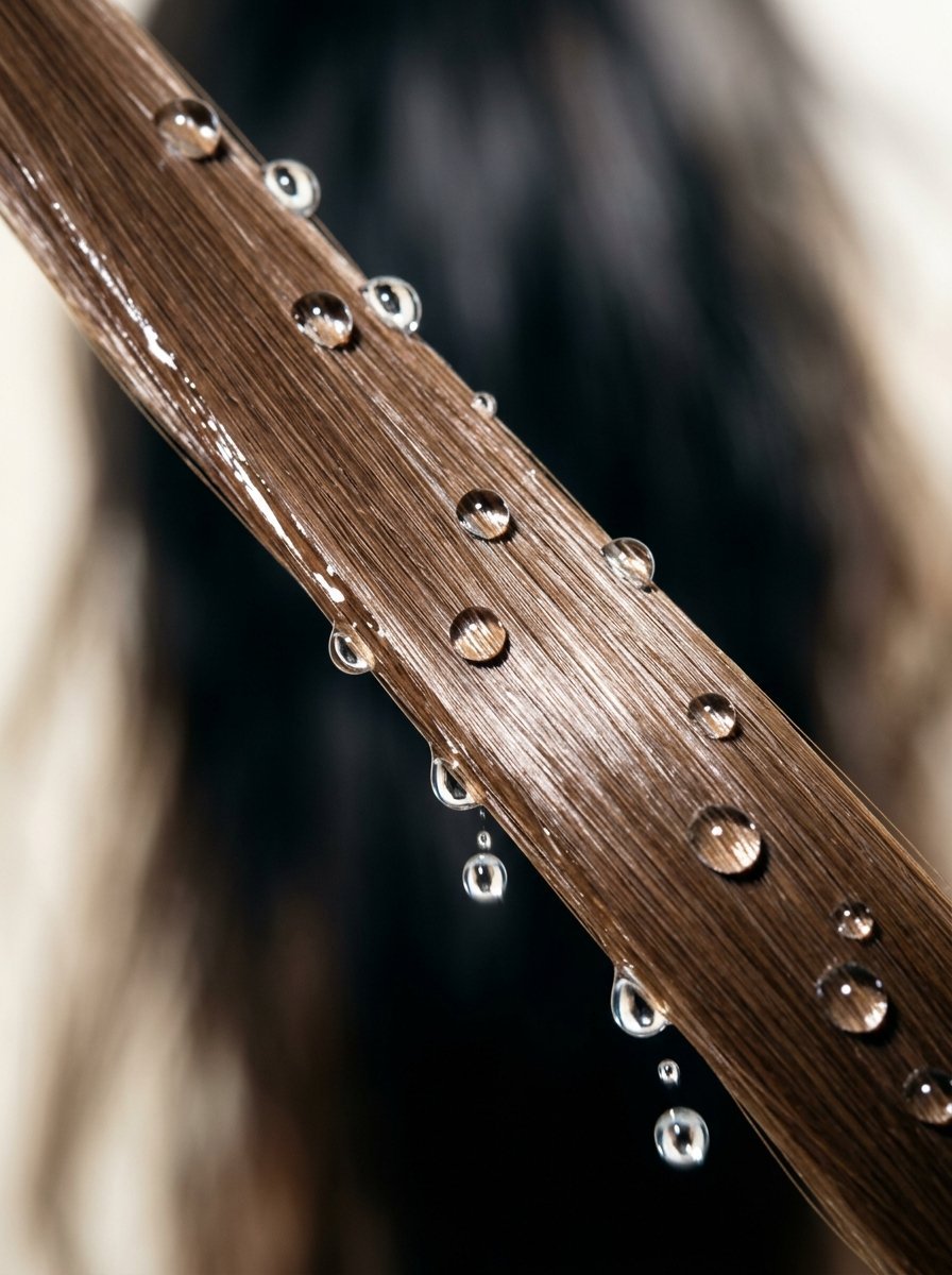 Detailed macro view showing small spherical water drops clinging to a single strand of glossy brunette hair.