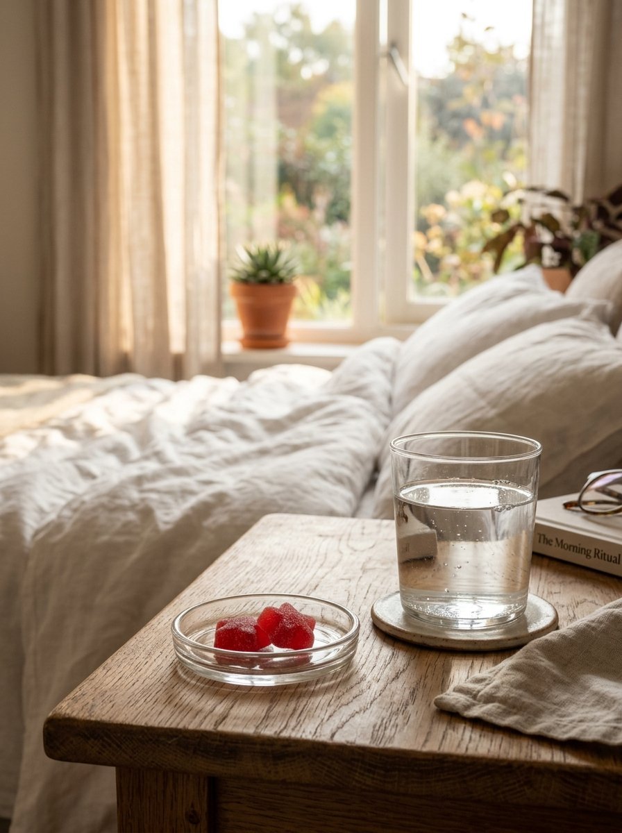 Clear glass of water and two red star-shaped candies resting on a wooden nightstand near a sunlit bedroom window.