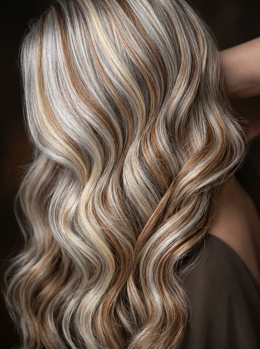 Long wavy hair with a mix of silver, golden blonde, and chestnut brown streaks.