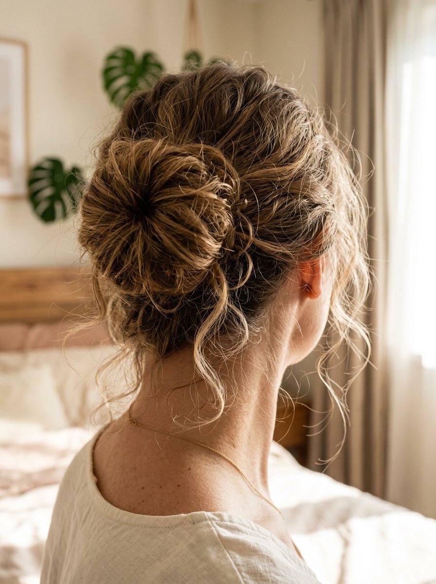 Close-up back view of a woman with curly blonde hair styled in an elegant loose bun.
