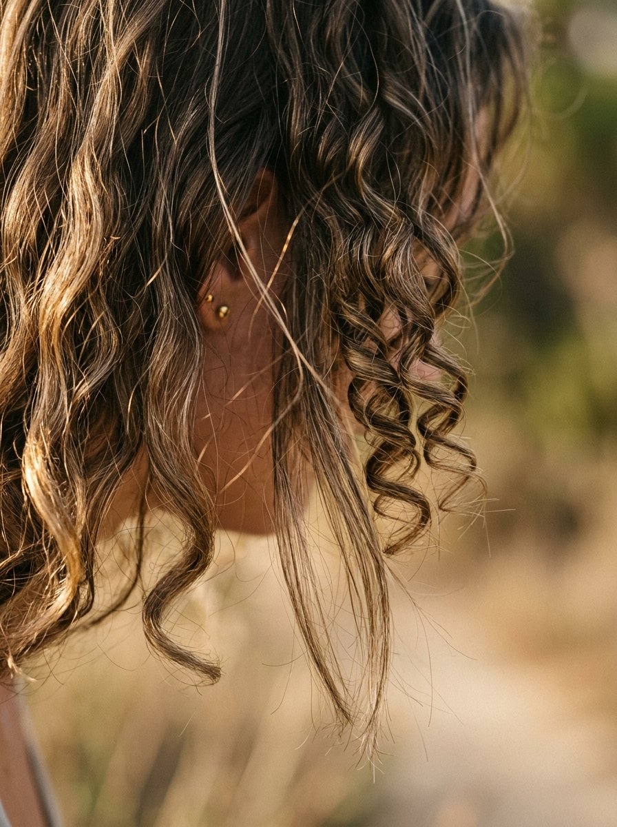 Side profile of a woman with wavy hair and small gold earrings lit by sunset rays.