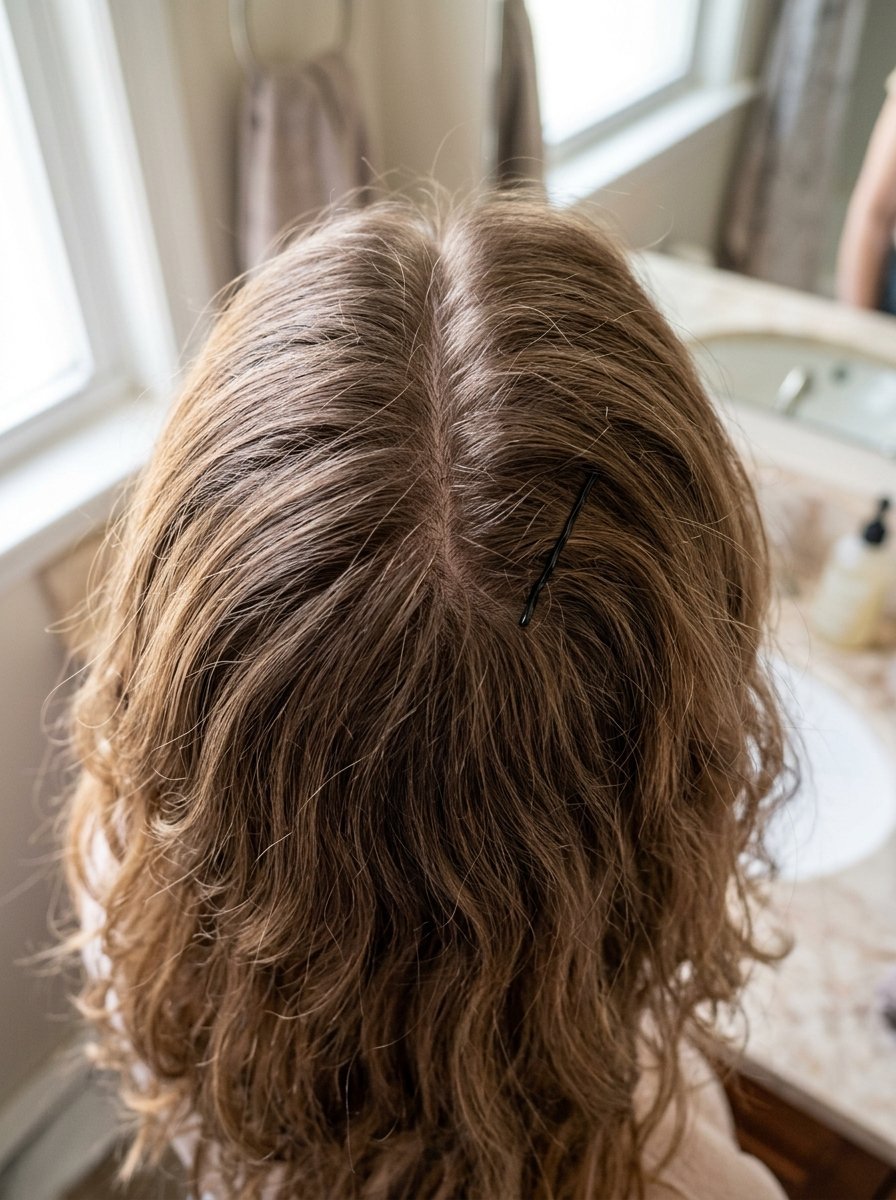 Close-up of a person with light brown wavy hair and a black hair clip, viewed from above in a bathroom.