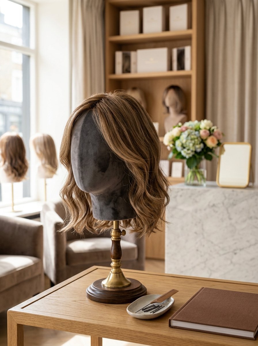 Close-up of a blonde-brown bob wig on a velvet head stand in a hair salon.