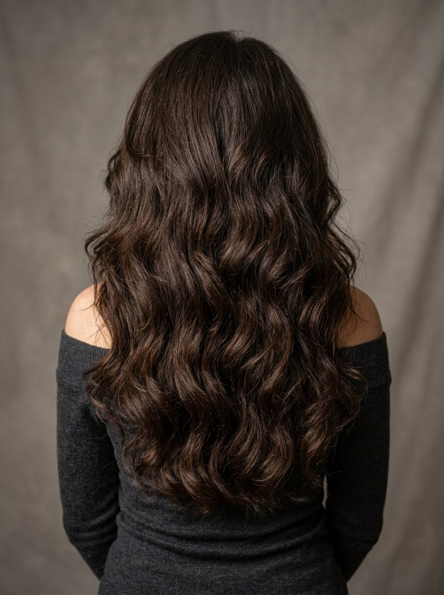 Back view of a person with long, thick, wavy dark brown hair against a textured grey background.