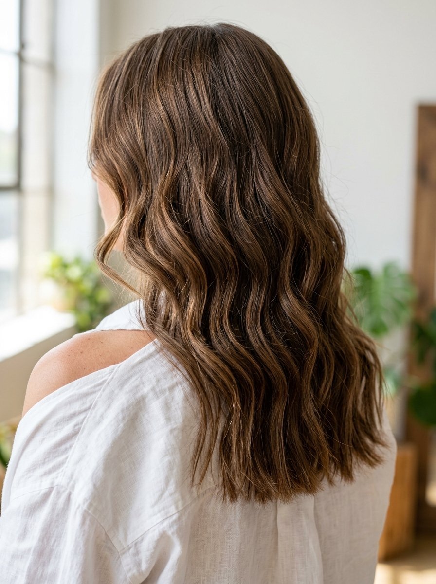 Close-up from behind of a woman with highlighted brown hair styled in soft waves.