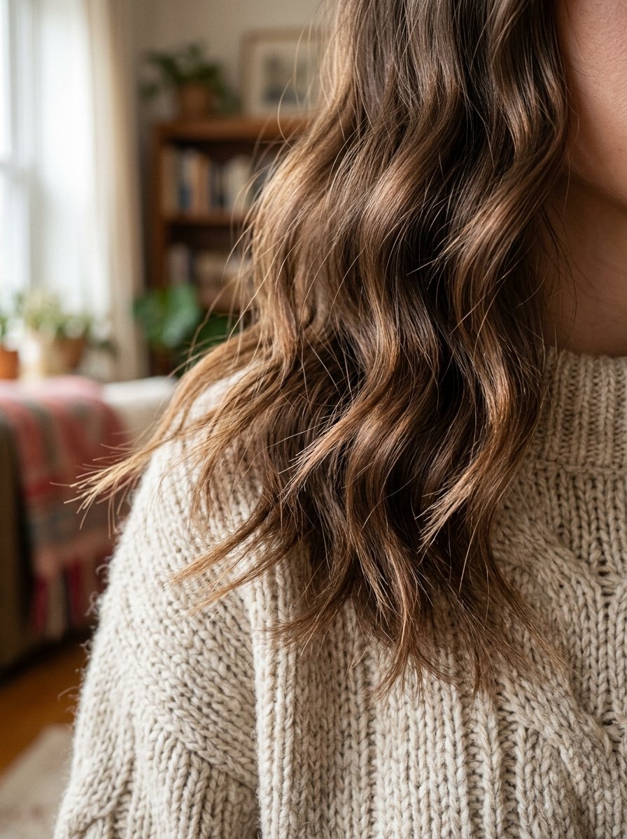 Close up of long wavy brown hair on the shoulder of a person wearing a thick beige cable knit sweater.