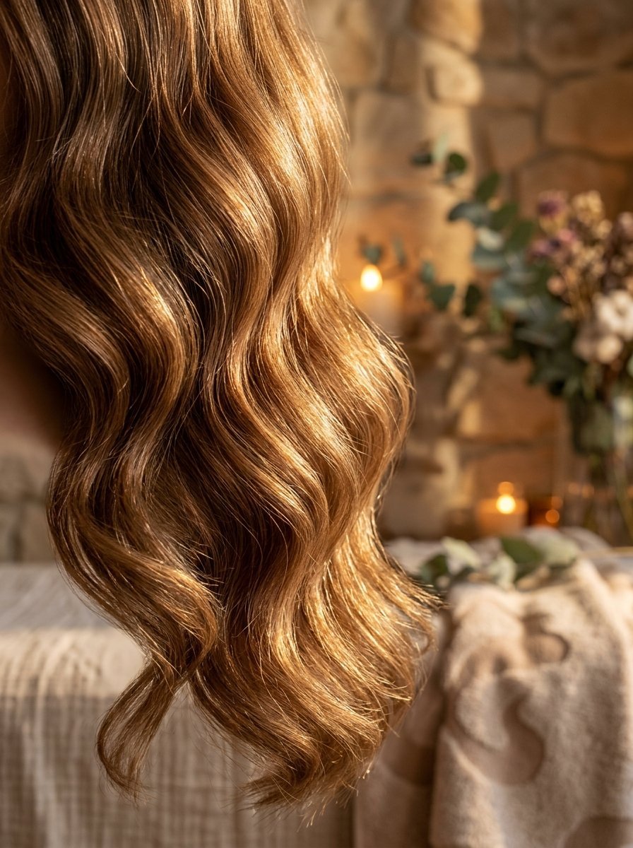 Lustrous wavy light brown hair with highlights falling against a cozy spa background with candles and dried flowers.