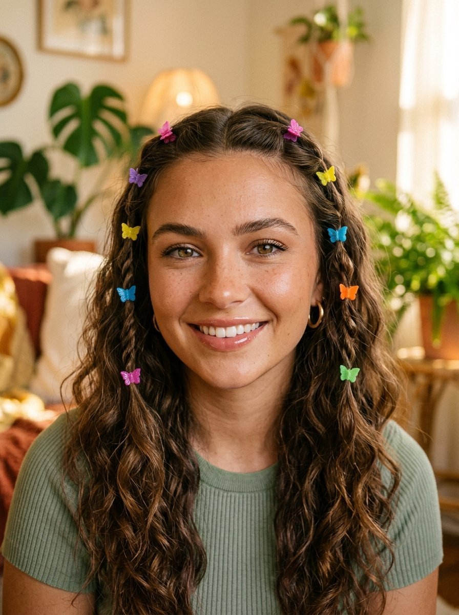 Close-up portrait of a woman wearing braided hair adorned with small, bright butterfly-shaped hair accessories.