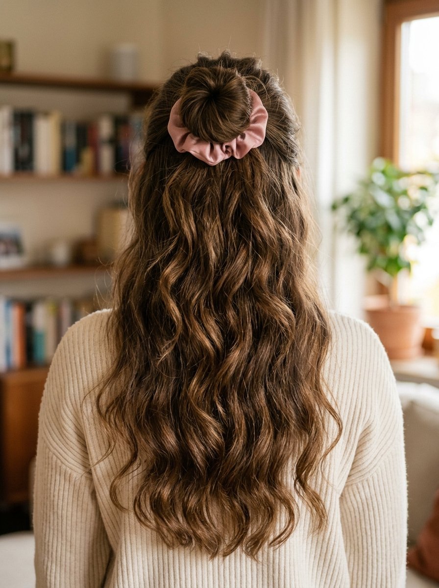 Back view of a person with long brown hair styled in a half-up bun using a soft pink velvet scrunchie.