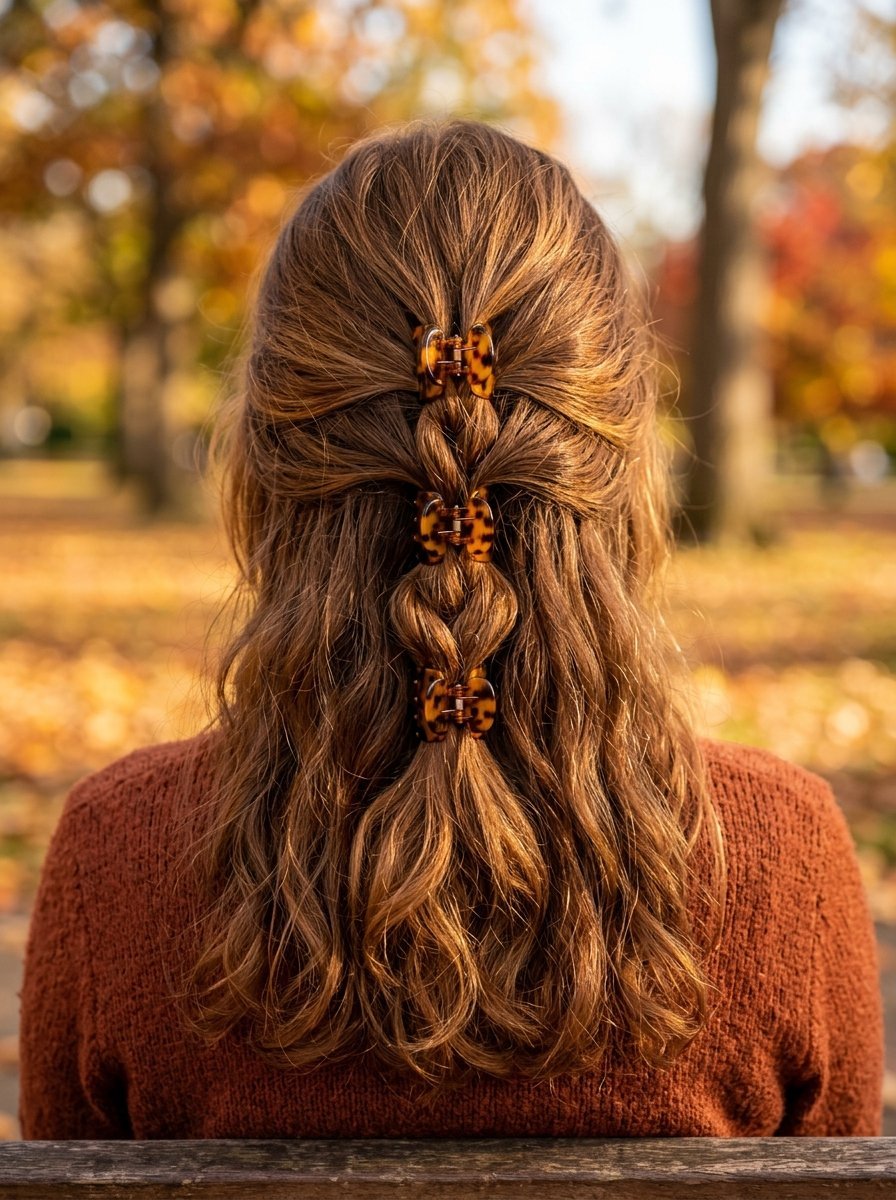 A woman's wavy brown hair pulled back with three stacked tortoiseshell claw clips in an autumn park setting.