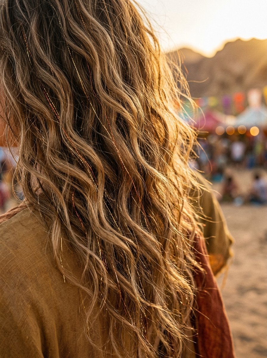 Back view of wavy blonde hair featuring metallic tinsel strands at a sunny outdoor music festival.