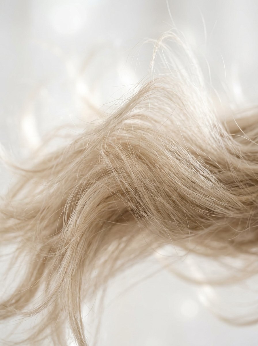 Detailed macro shot of fine light blonde hair with natural waves.