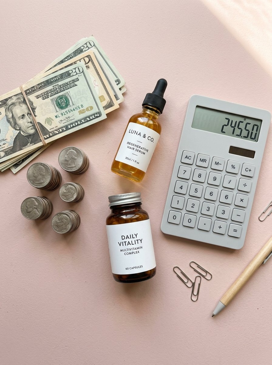 Bottles of hair serum and vitamins arranged with stacks of US currency and a calculator on a soft pink surface.