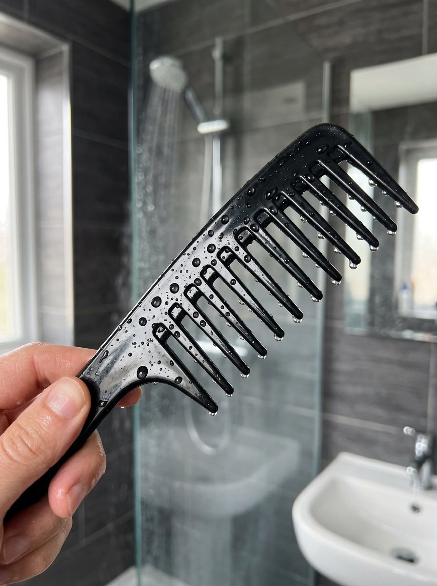A person holds a dripping wet black plastic hair comb in front of a shower stall.
