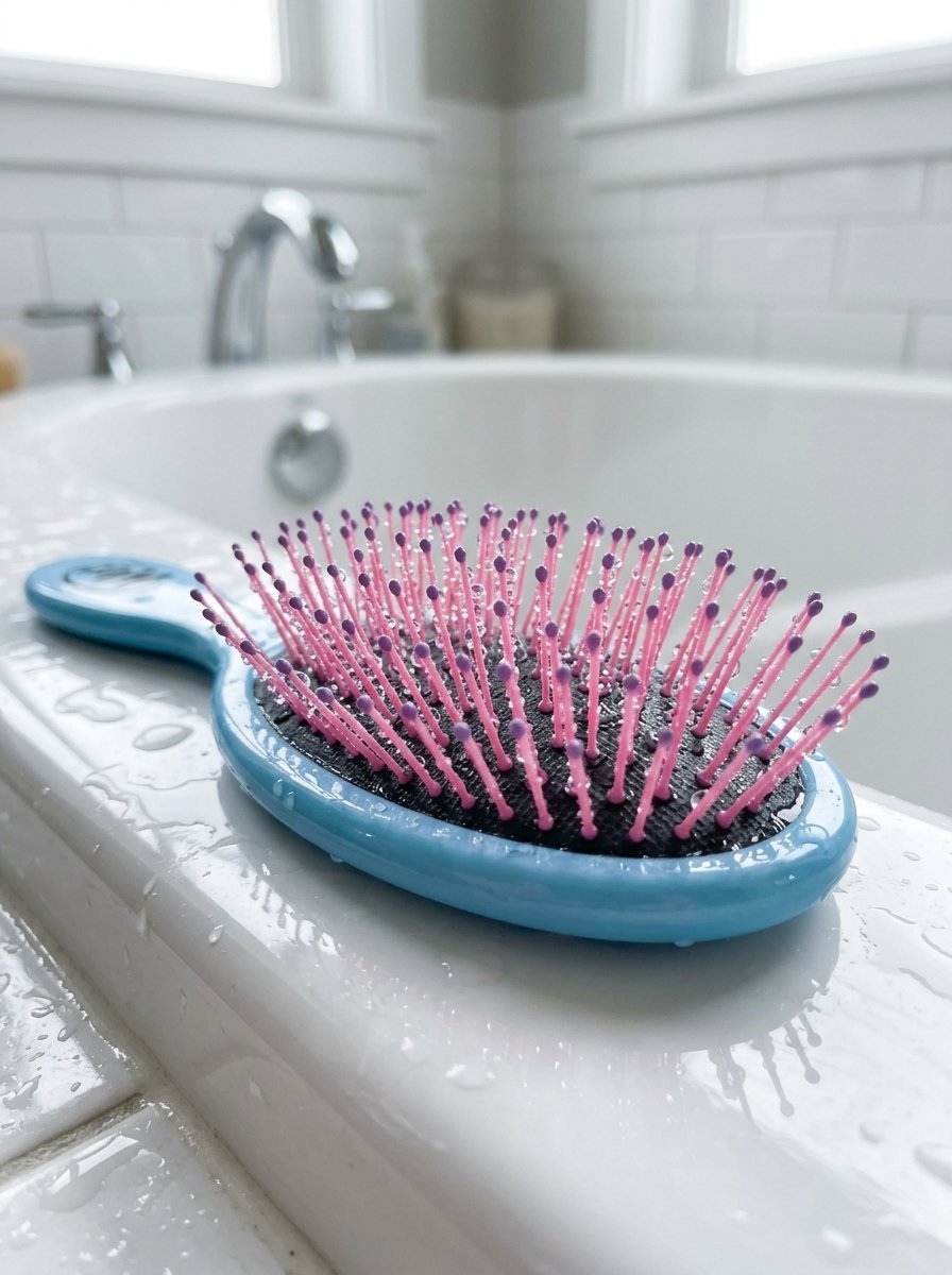 Blue detangling brush with pink bristles covered in water droplets sitting on a white tiled bathtub rim.