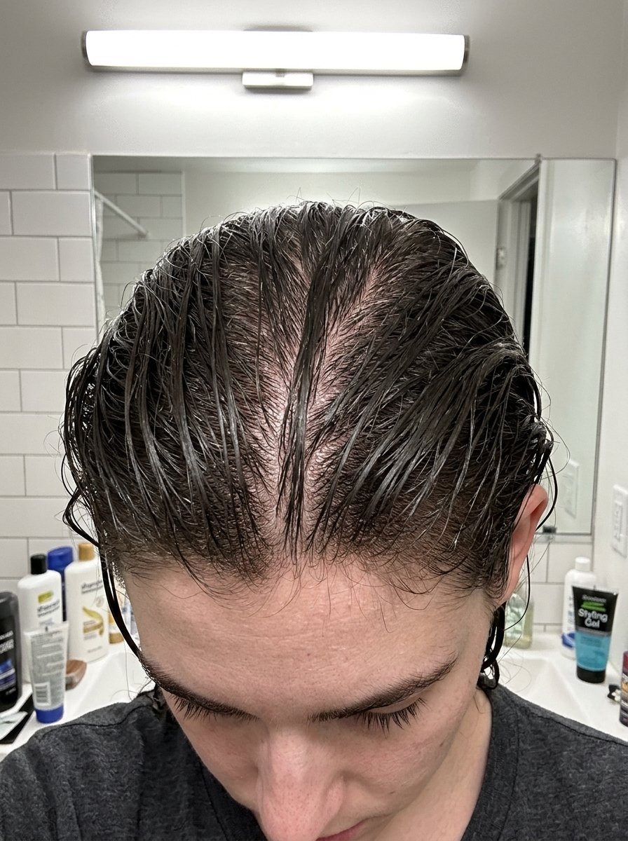 Top view of a person's head with wet dark hair parted in the middle, showing the scalp line.