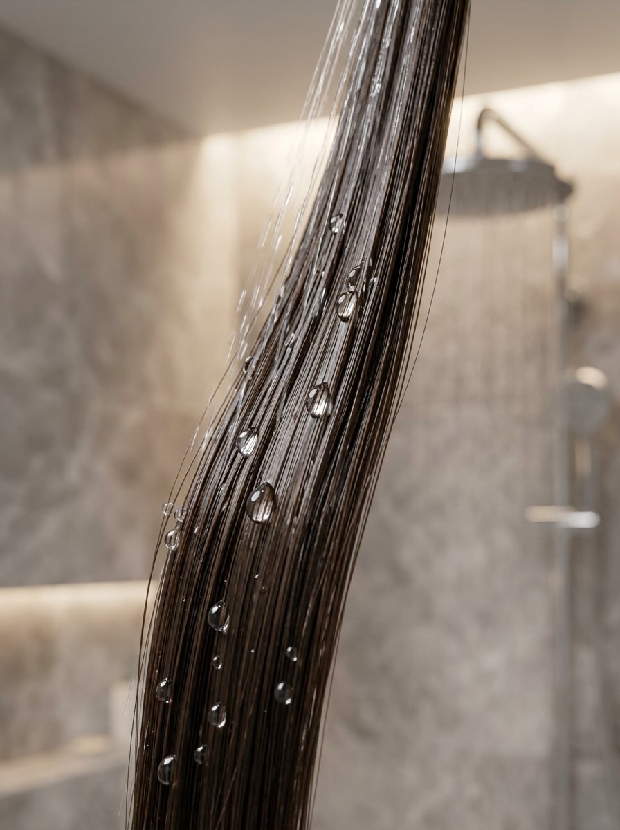 Water droplets clinging to a section of straight brown hair in a modern marble shower stall.