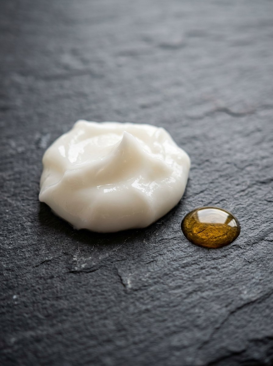 Close-up of a dollop of white skincare cream next to a small bead of golden liquid on dark textured slate.